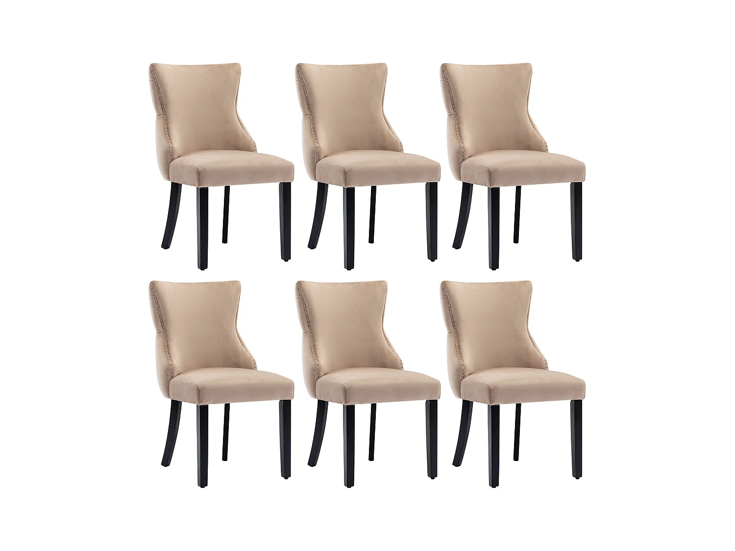 Set van 6 beige fluwelen stoelen met zwarte houten poten, decoratieve knopen en zilveren klinknagels