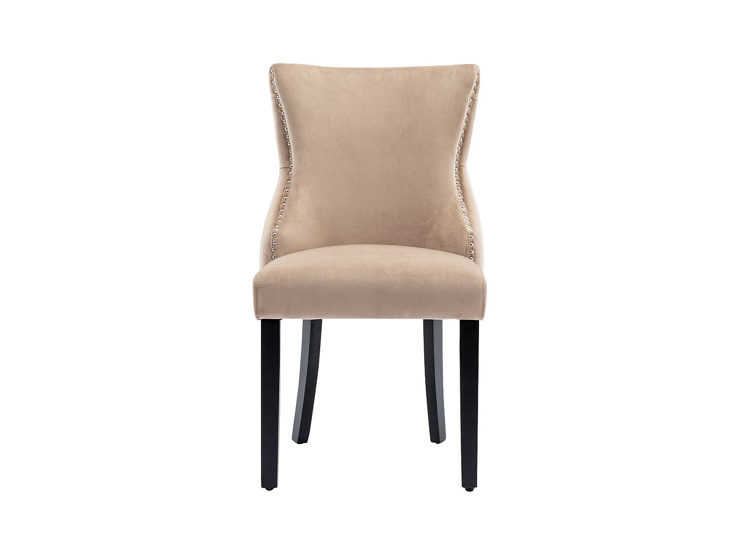 Set van 6 beige fluwelen stoelen met zwarte houten poten, decoratieve knopen en zilveren klinknagels