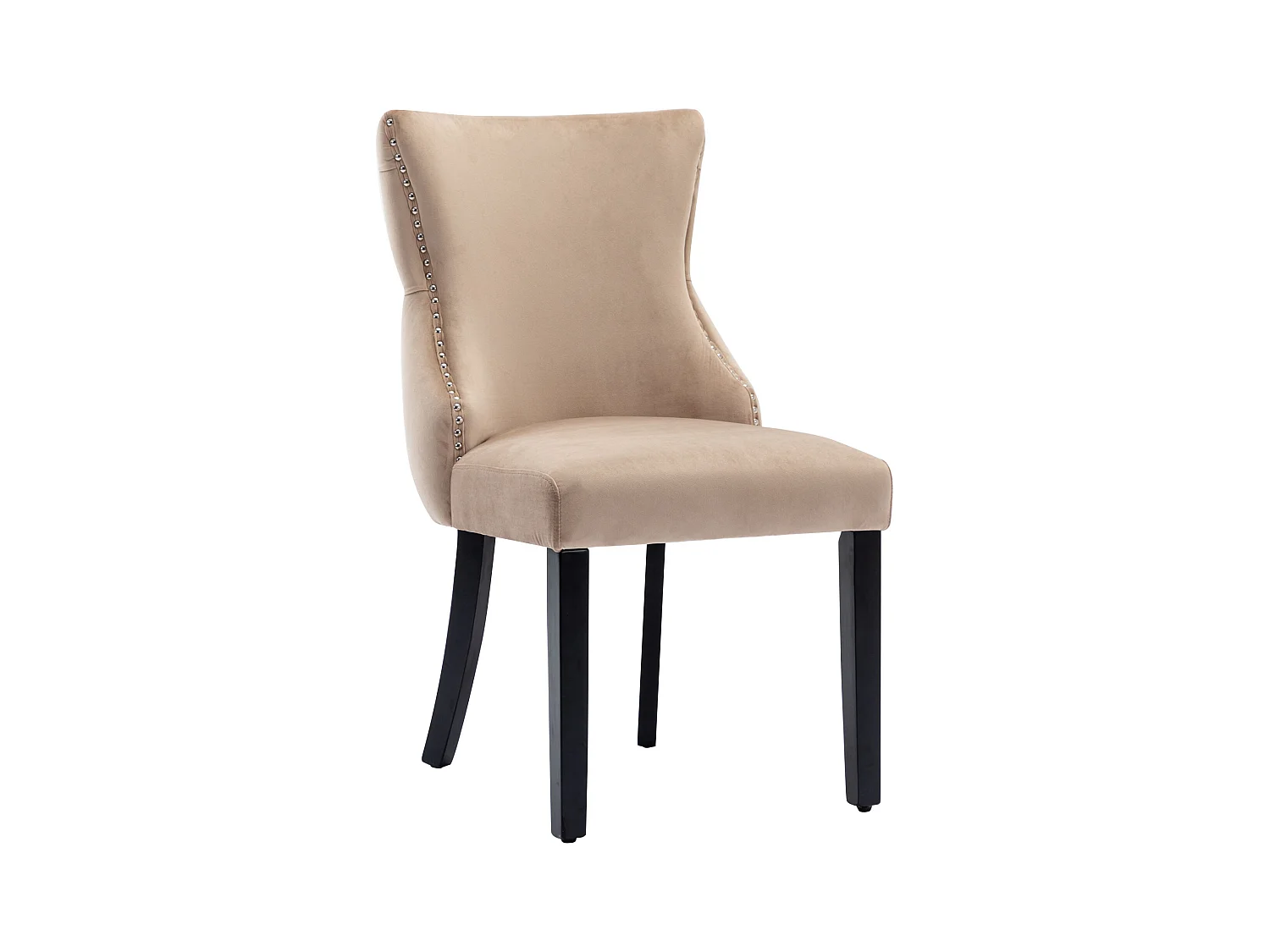 Set van 6 beige fluwelen stoelen met zwarte houten poten, decoratieve knopen en zilveren klinknagels