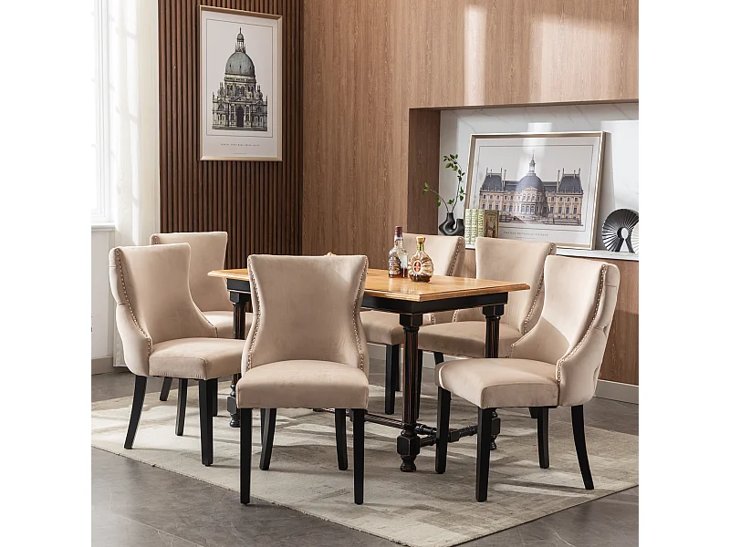 Set di 6 sedie in velluto beige con gambe in legno nero, bottoni decorativi e rivetti argentati