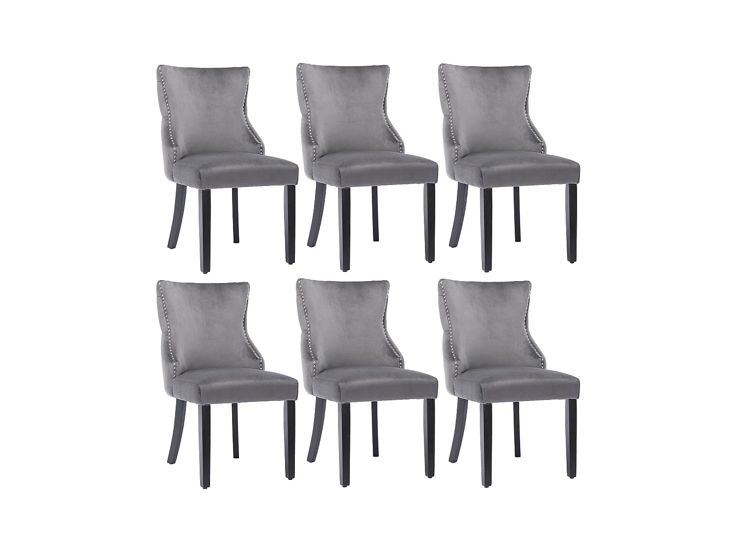 Lot de 6 chaises en velours gris avec pieds en bois gris, boutons décoratifs et rivets argentés