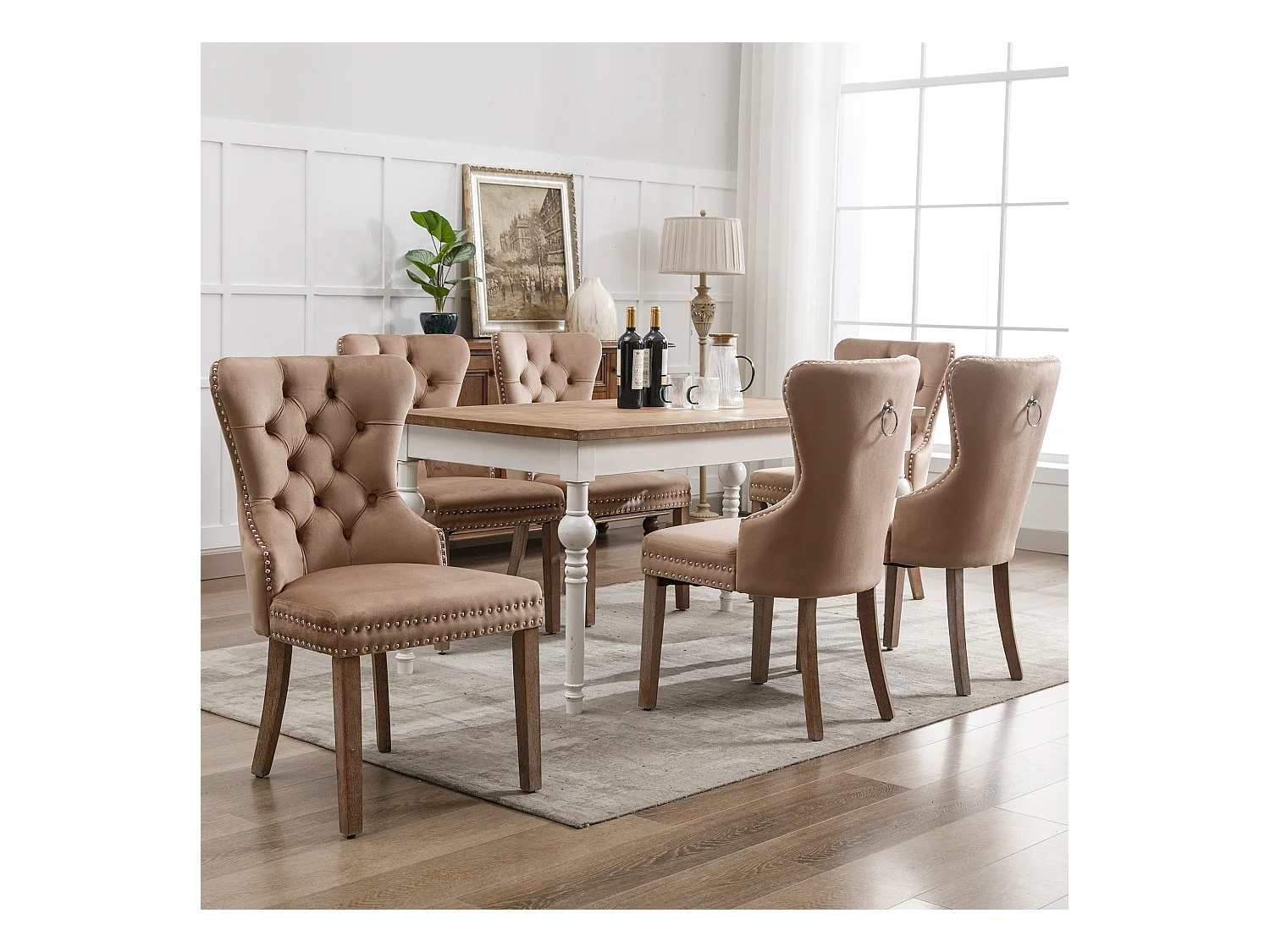 Lot de 6 Chaises de cuisine en velours Kaki avec détails cloutés argentés, pieds en bois marron