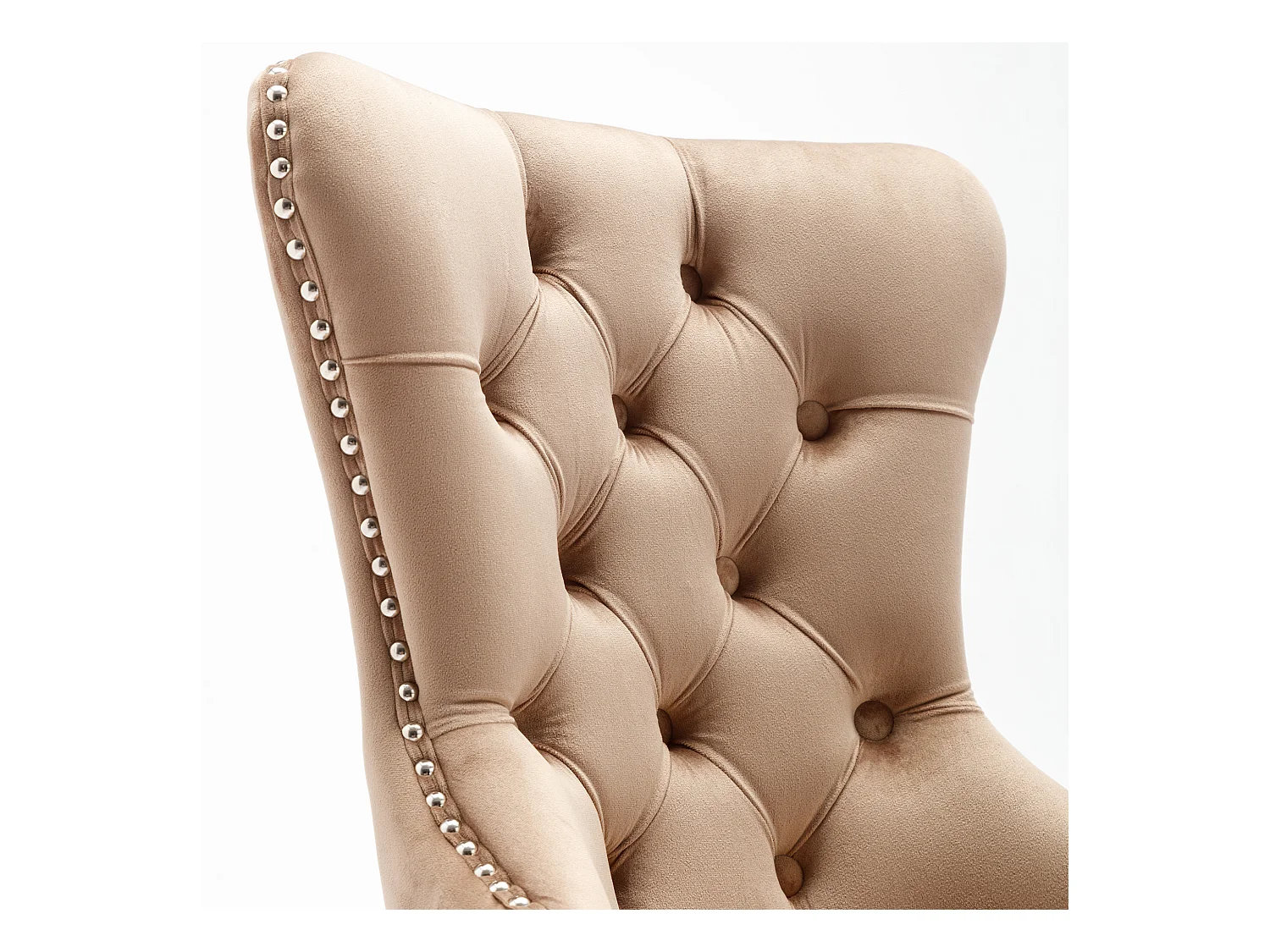 Set van 6 kaki fluwelen keukenstoelen met zilveren studs en bruine houten poten