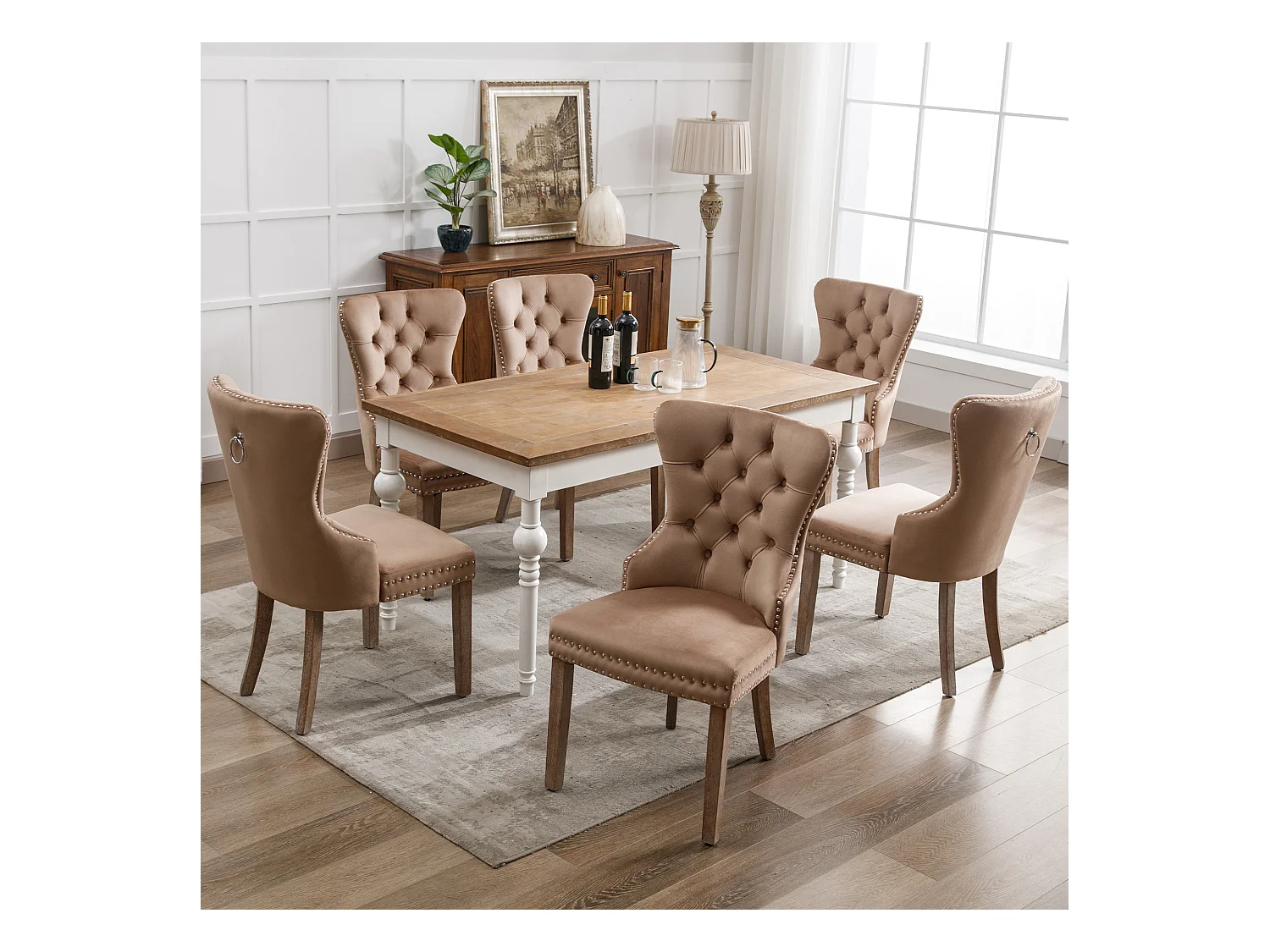 Set van 6 kaki fluwelen keukenstoelen met zilveren studs en bruine houten poten