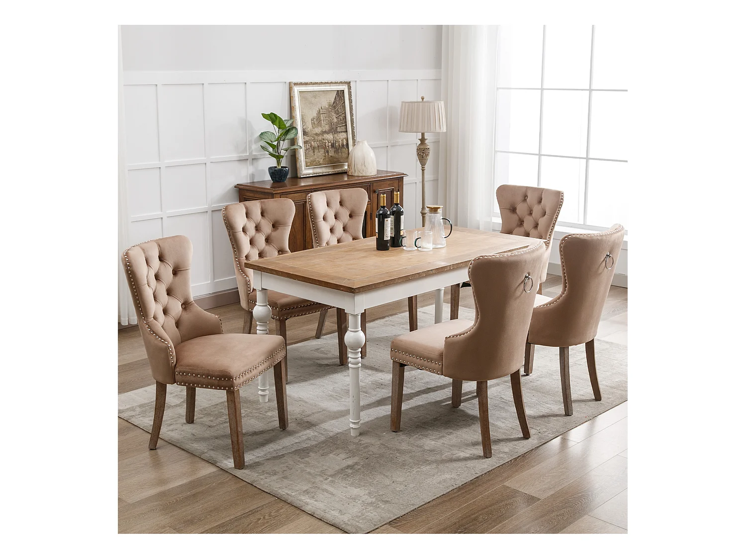 Set van 6 kaki fluwelen keukenstoelen met zilveren studs en bruine houten poten