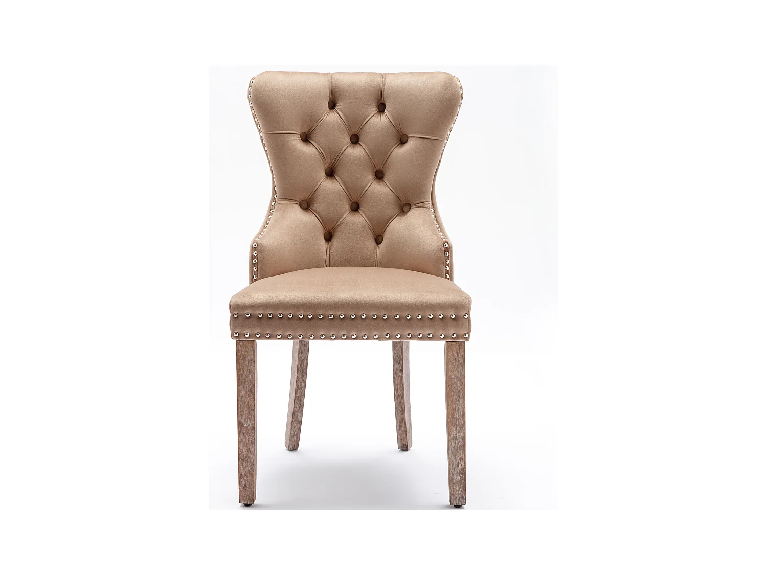 Set van 6 kaki fluwelen keukenstoelen met zilveren studs en bruine houten poten