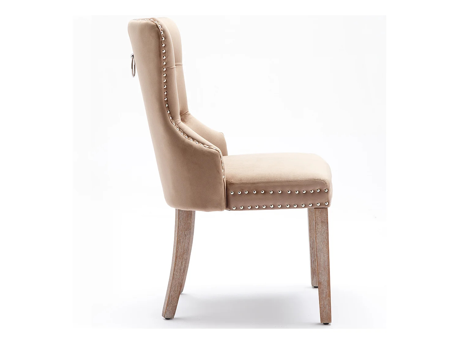 Set van 6 kaki fluwelen keukenstoelen met zilveren studs en bruine houten poten