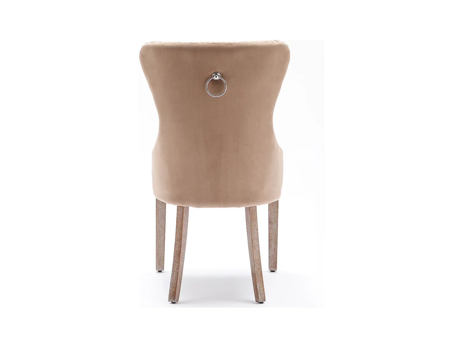 Set van 6 kaki fluwelen keukenstoelen met zilveren studs en bruine houten poten