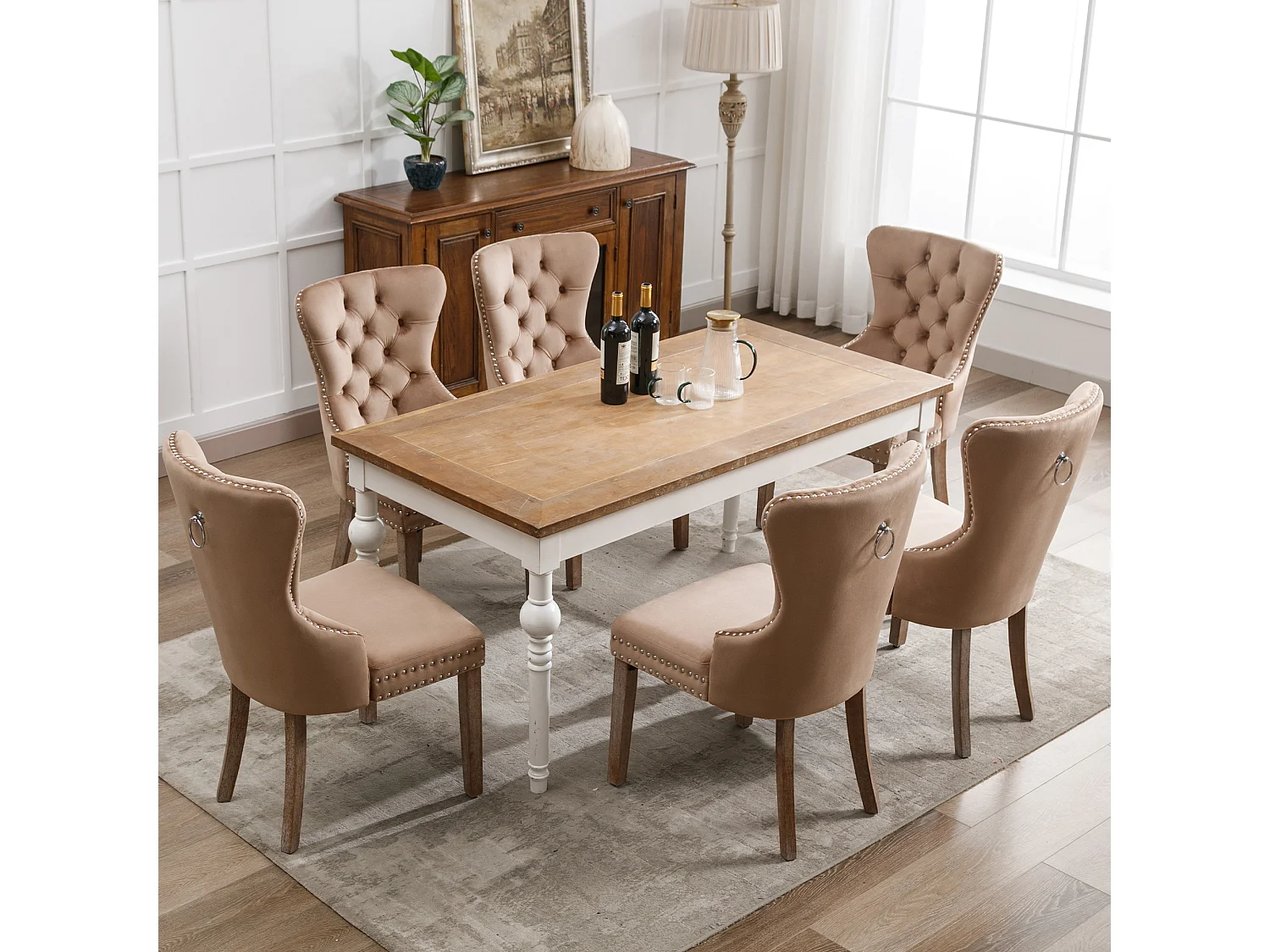 Lot de 6 Chaises de cuisine en velours Kaki avec détails cloutés argentés, pieds en bois marron