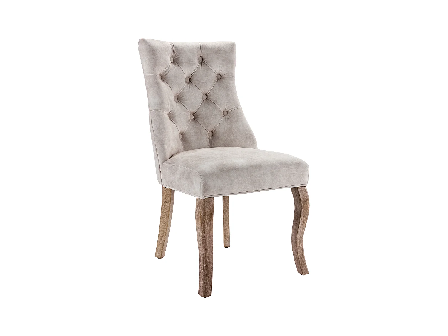 Set van 4 lichtbeige fluwelen stoelen met gebogen houten poten en decoratieve knopen