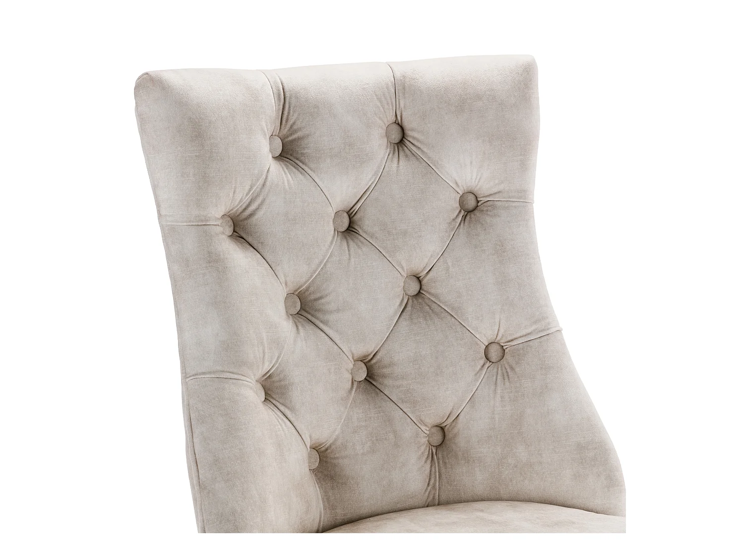 Set van 4 lichtbeige fluwelen stoelen met gebogen houten poten en decoratieve knopen