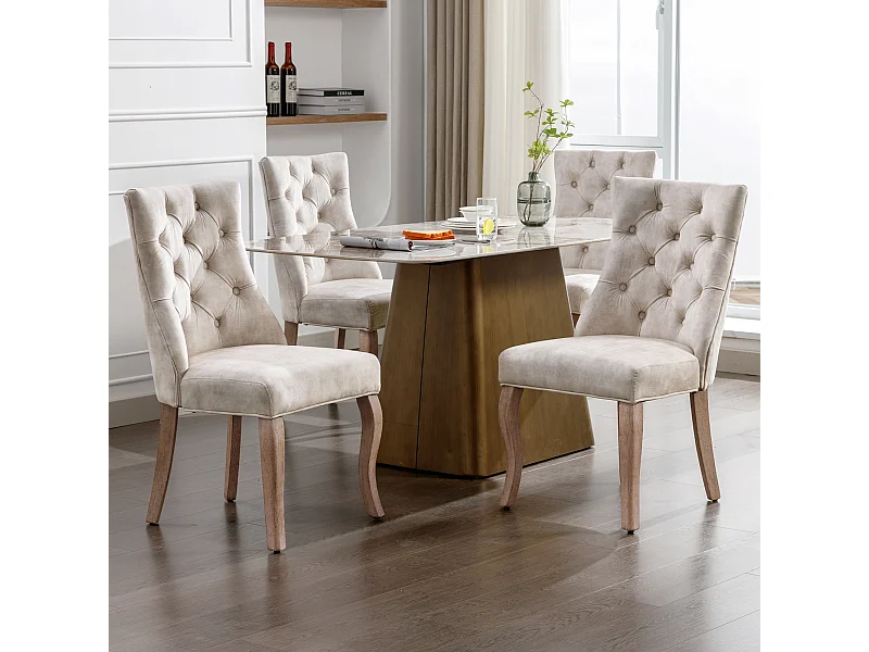 Lot de 4 chaises en velours beige clair avec pieds en bois courbés, boutons décoratifs