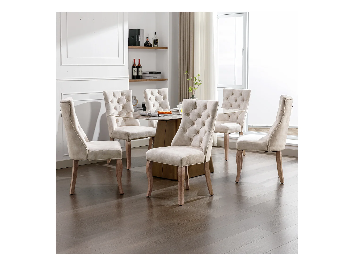 Lot de 6 chaises en velours beige clair avec pieds en bois courbés, boutons décoratifs