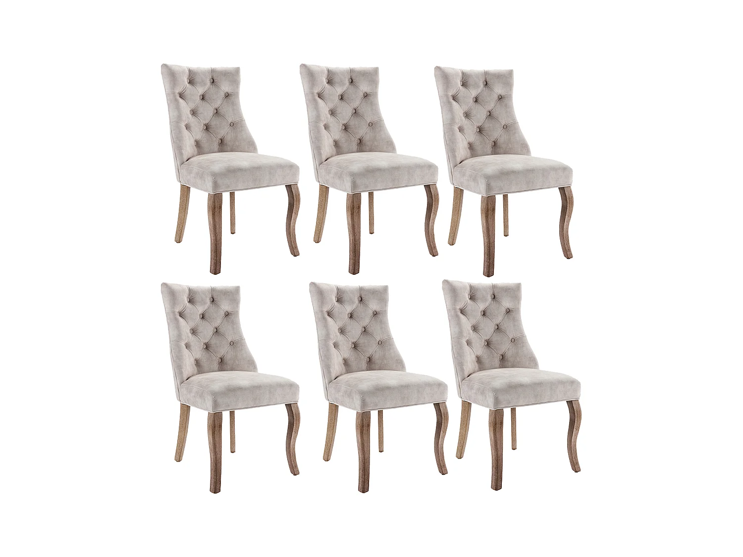Lot de 6 chaises en velours beige clair avec pieds en bois courbés, boutons décoratifs