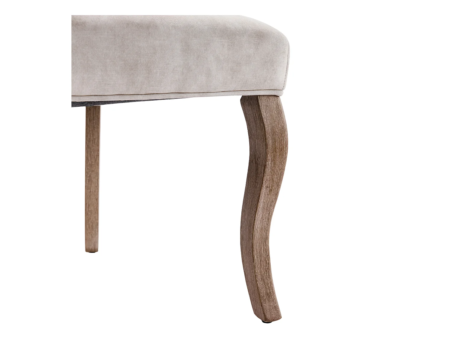 Set van 6 lichtbeige fluwelen stoelen met gebogen houten poten en decoratieve knopen