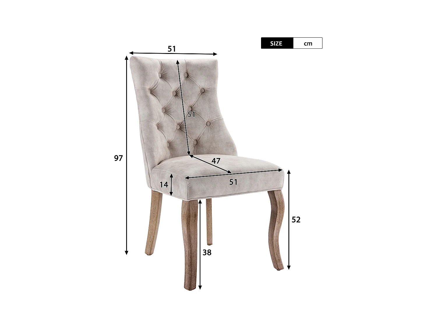 Set van 6 lichtbeige fluwelen stoelen met gebogen houten poten en decoratieve knopen