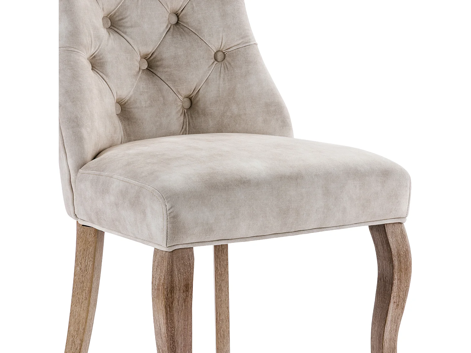 Lot de 6 chaises en velours beige clair avec pieds en bois courbés, boutons décoratifs