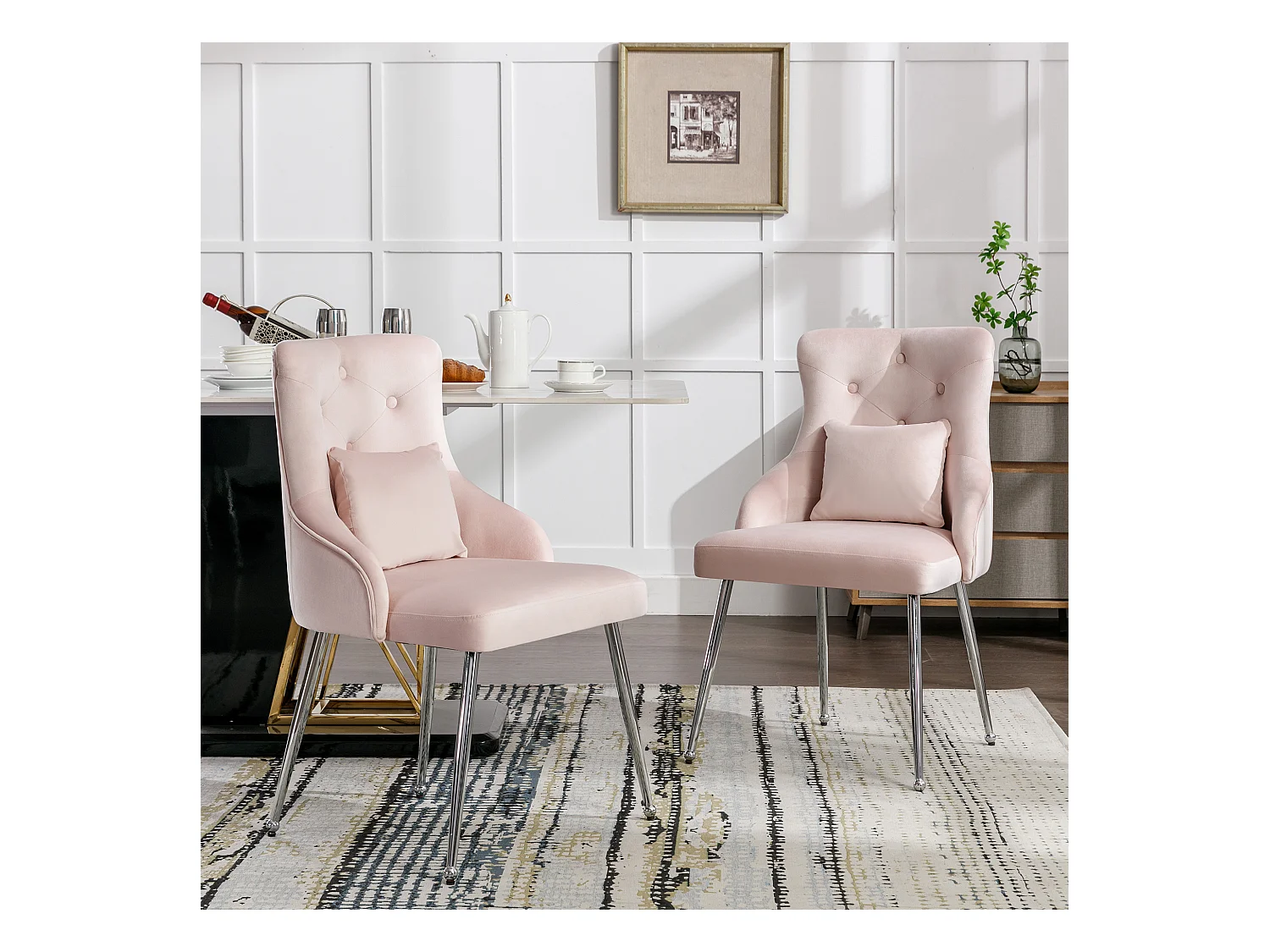 Set van 2 roze knopenstoelen met lendenkussens en metalen poten, fluweel