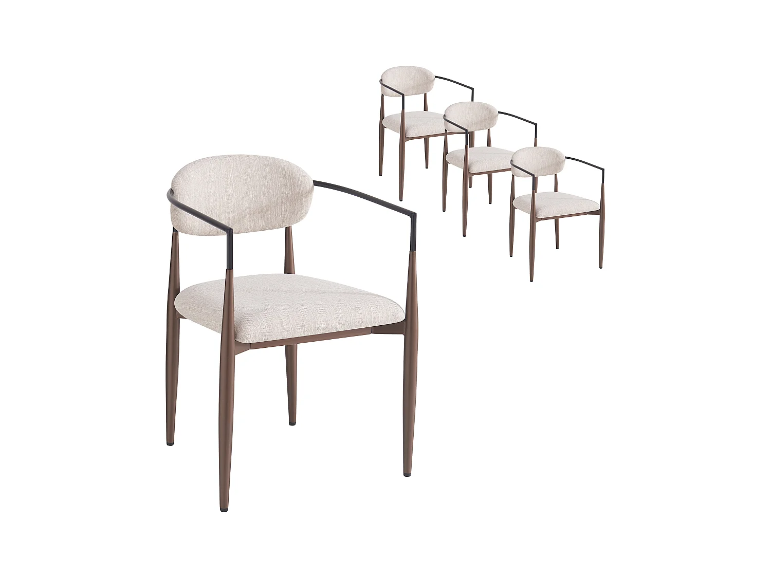 Set di 4 sedie in lino beige, struttura in metallo marrone