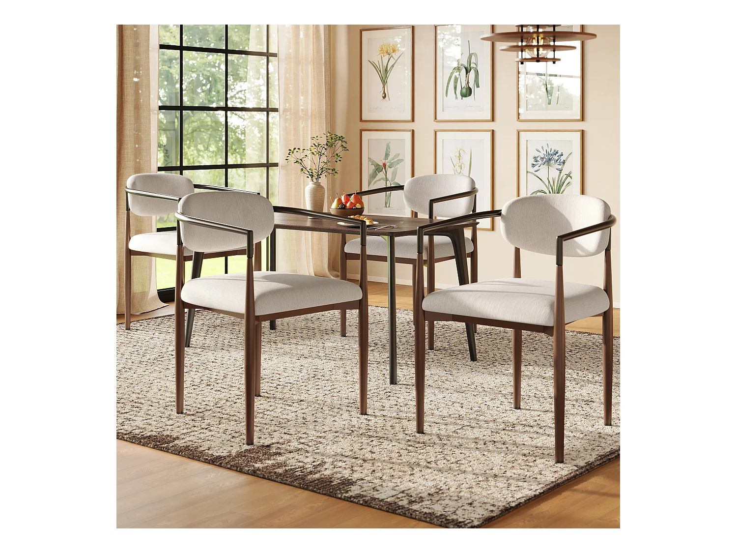 Lot de 4 chaises en lin beige, cadre en métal marron