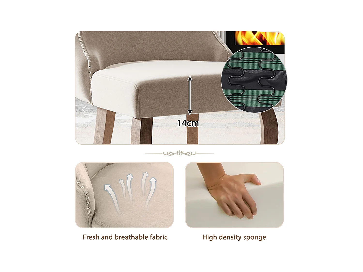 Set van 6 beige fluwelen stoelen met gebogen bruine houten poten, decoratieve knopen en zilveren klinknagels