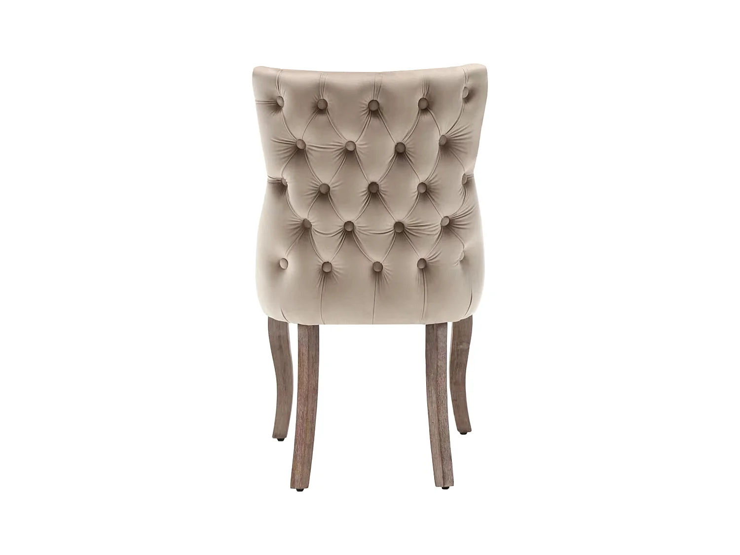 Set van 6 beige fluwelen stoelen met gebogen bruine houten poten, decoratieve knopen en zilveren klinknagels