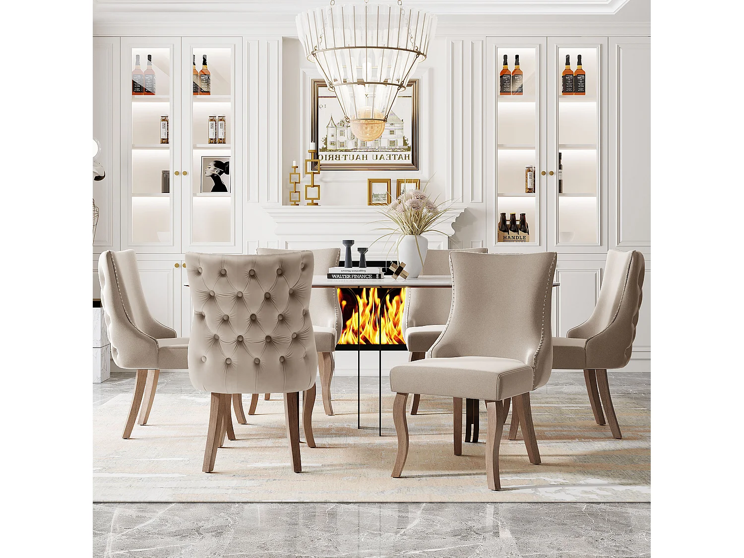 Set di 6 sedie in velluto beige con gambe curve in legno marrone, bottoni decorativi e rivetti argentati