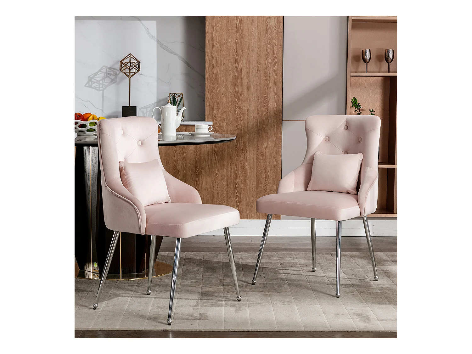 Set van 6 roze knopenstoelen met lendenkussens en metalen poten, fluweel