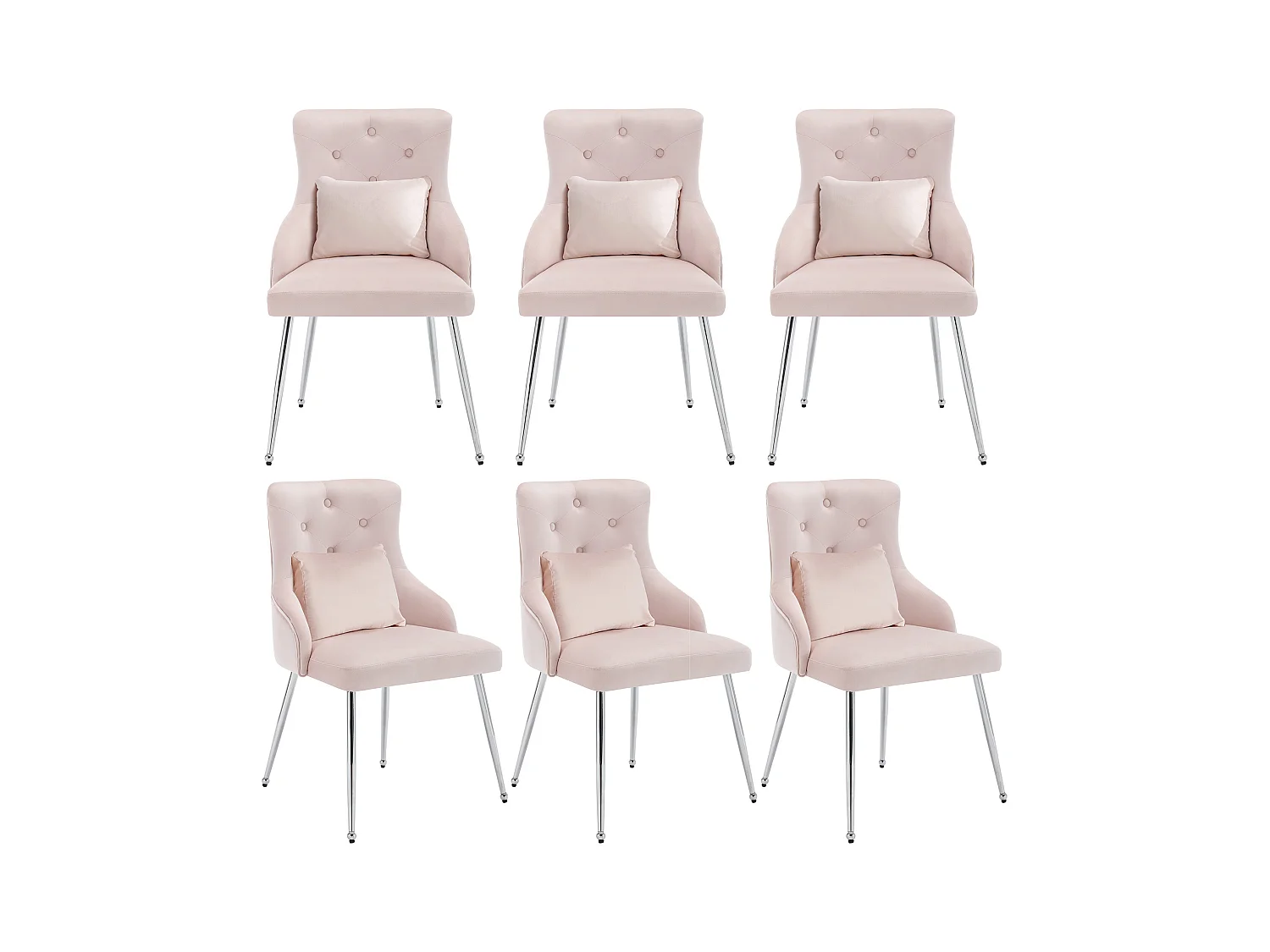 Conjunto de 6 sillas con botones rosas con cojines lumbares y patas de metal,terciopelo