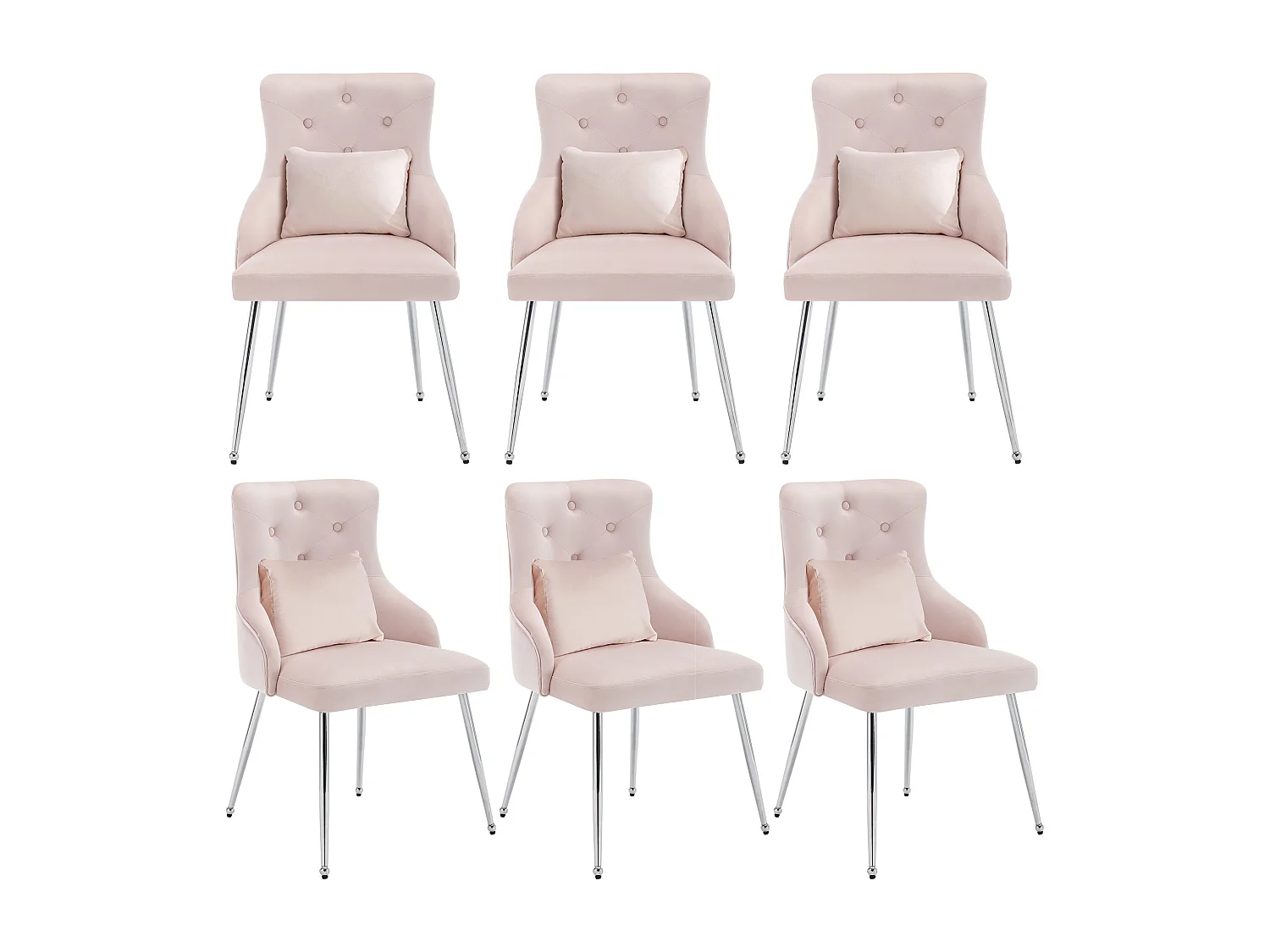 Lot de 6 chaises à boutons rose avec coussins lombaires et pieds en métal,velours