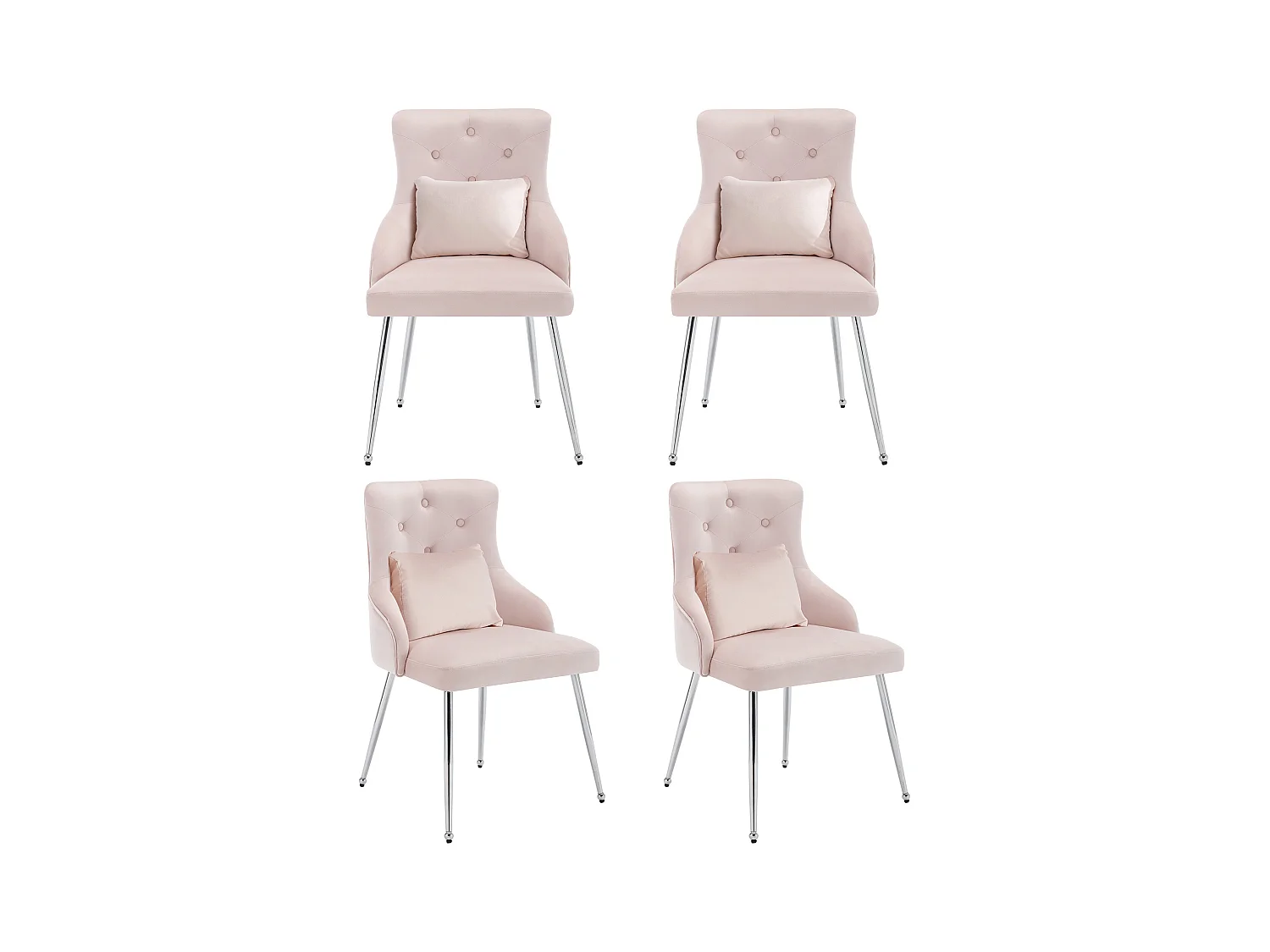 Lot de 4 chaises à boutons rose avec coussins lombaires et pieds en métal,velours