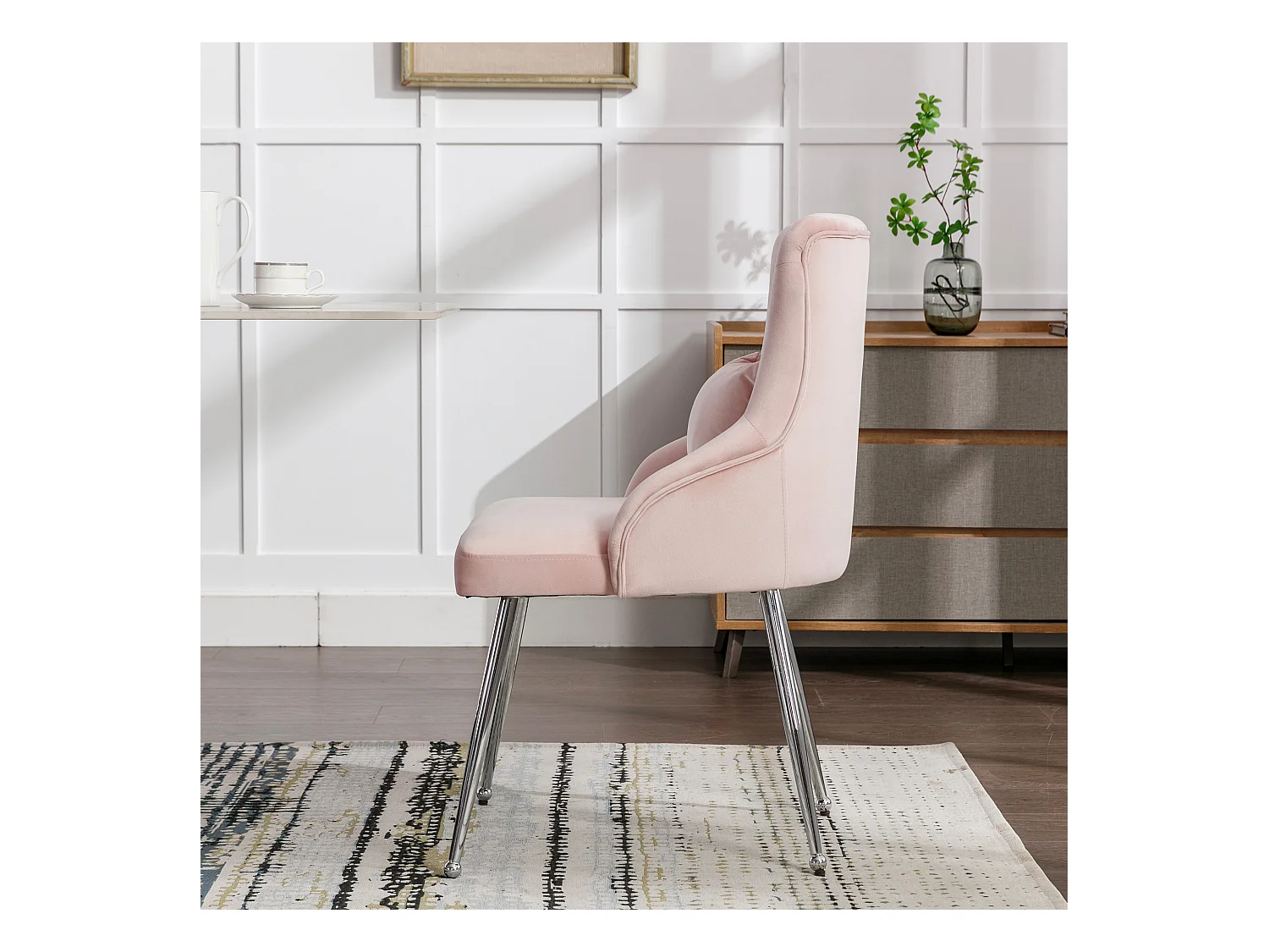 Lot de 4 chaises à boutons rose avec coussins lombaires et pieds en métal,velours