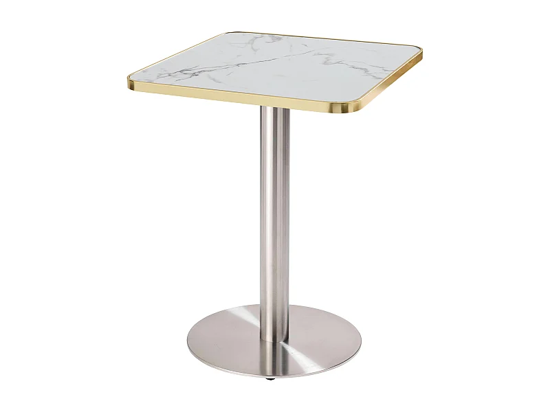 Table à manger 60 x 60 cm pied argent et revêtement marbre blanc/doré
