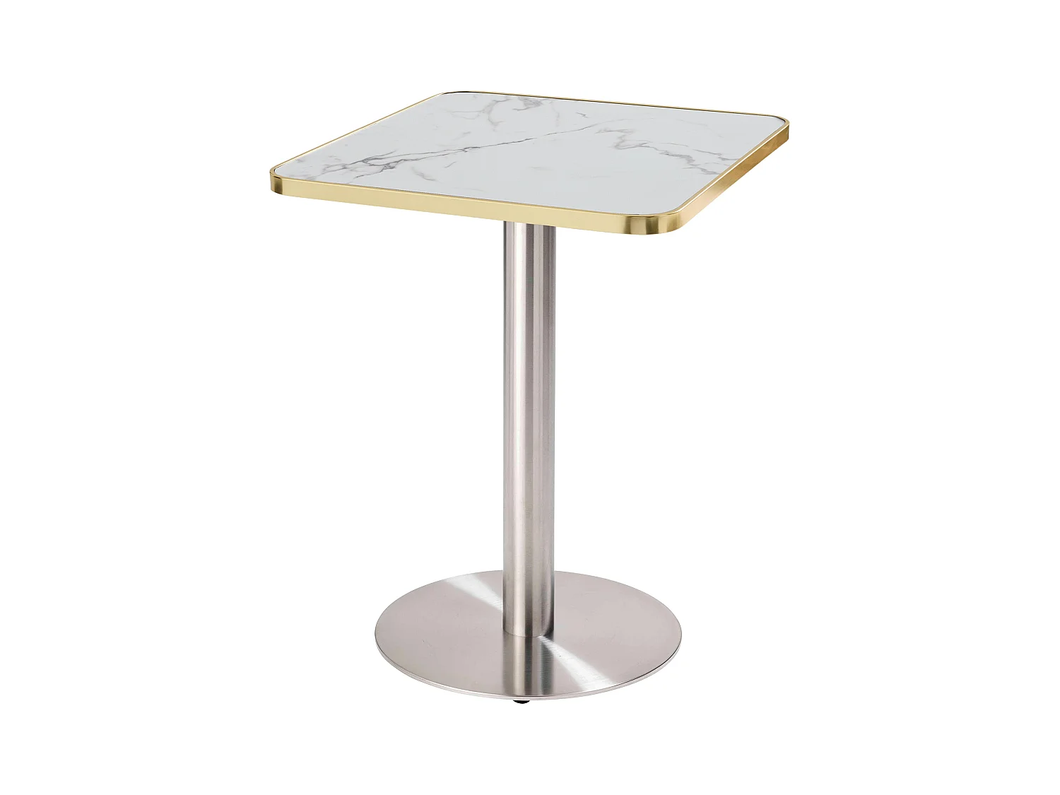 Table à manger 60 x 60 cm pied argent et revêtement marbre blanc/doré