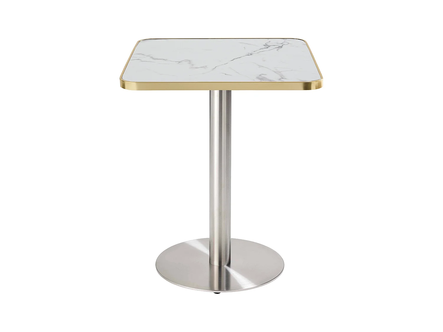 Table à manger 60 x 60 cm pied argent et revêtement marbre blanc/doré