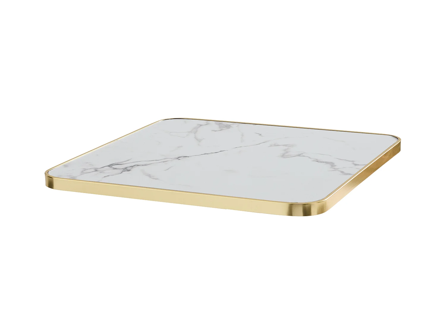 Table à manger 60 x 60 cm pied argent et revêtement marbre blanc/doré