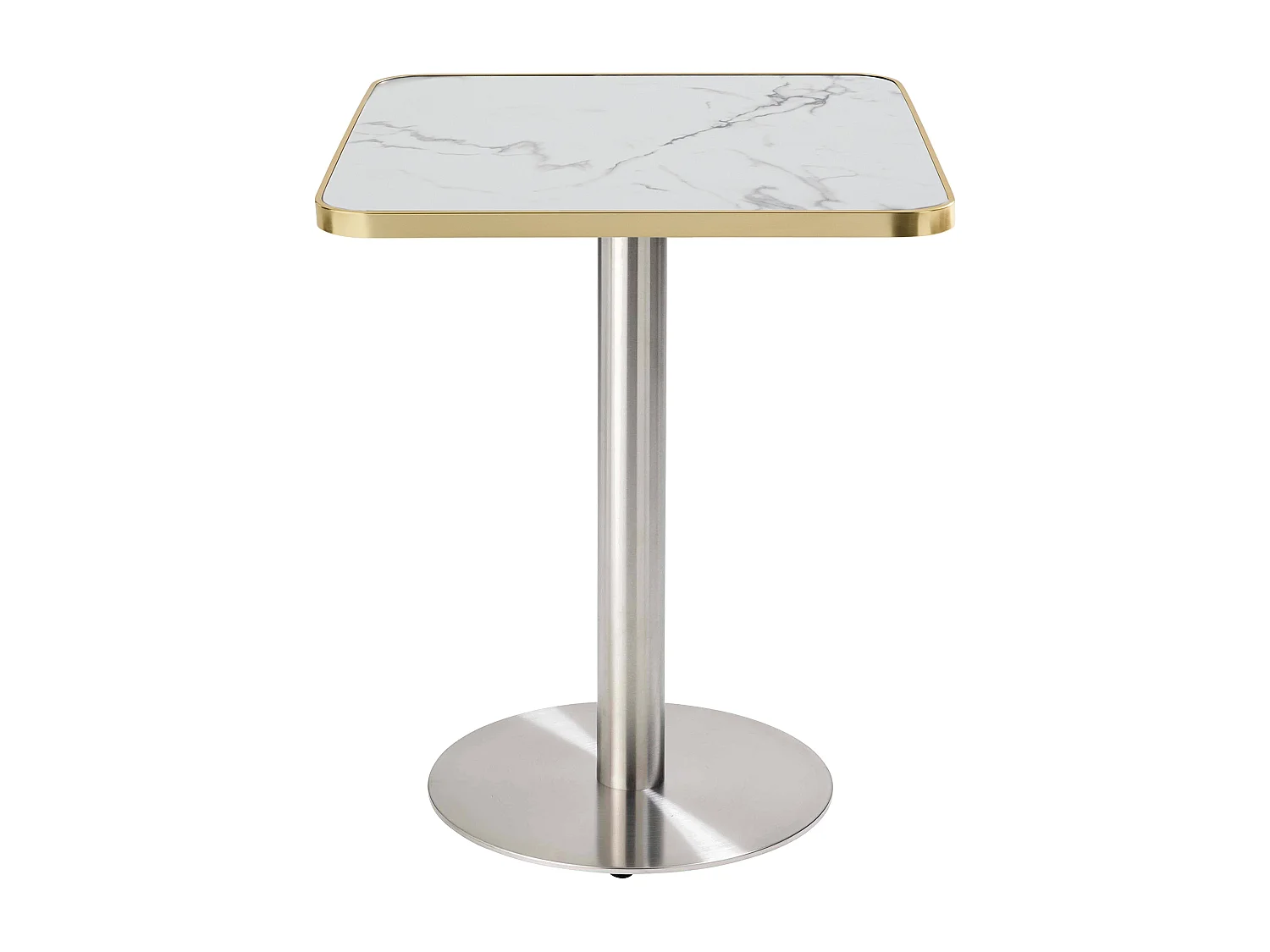 Table à manger 60 x 60 cm pied argent et revêtement marbre blanc/doré