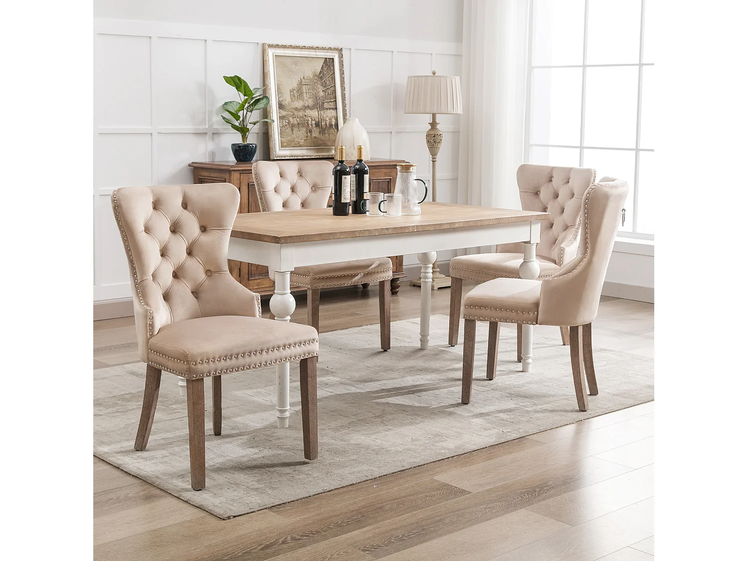 Lot de 4 Chaises de cuisine en velours Beige avec détails cloutés argentés, pieds en bois marron