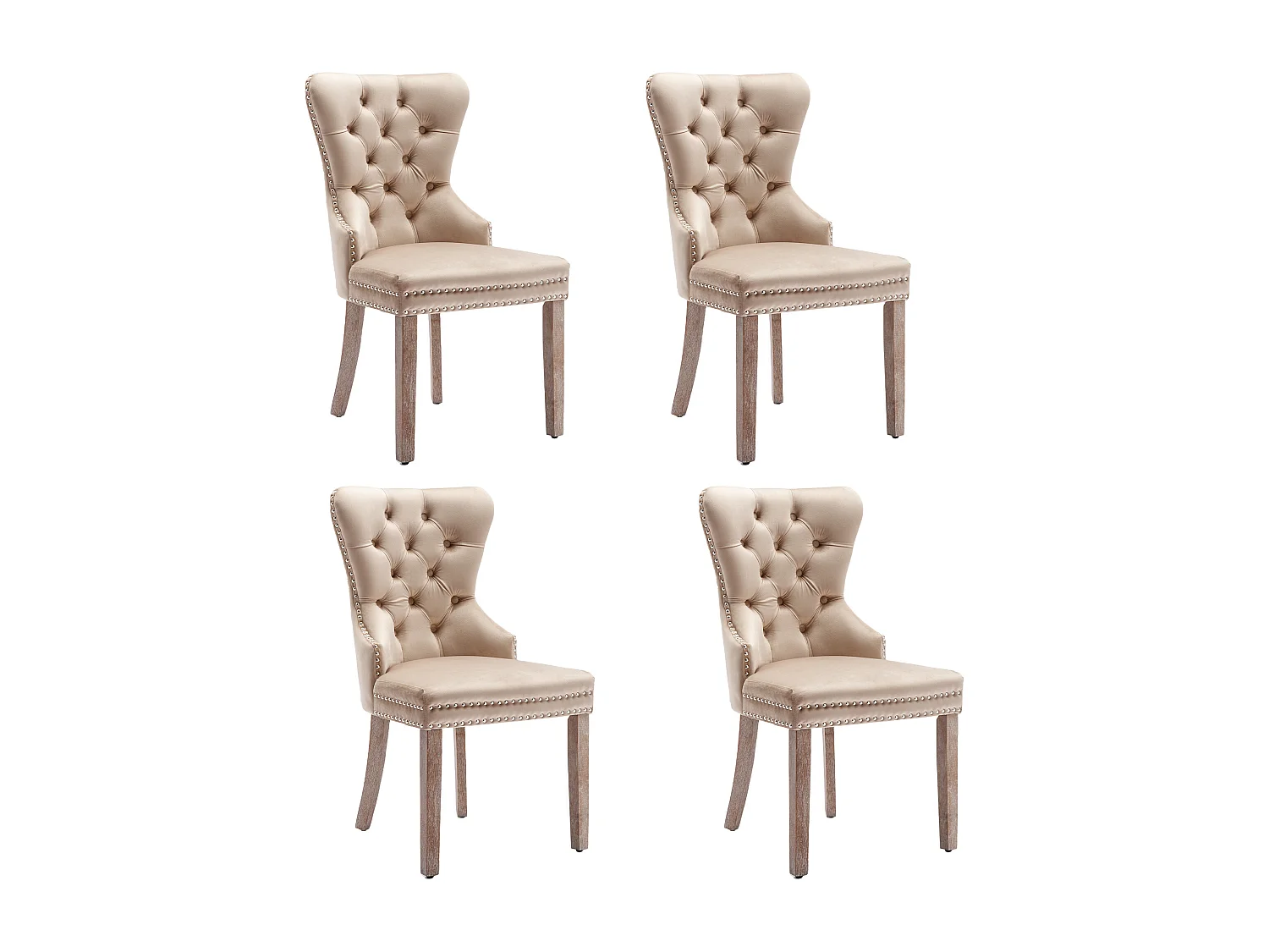 Lot de 4 Chaises de cuisine en velours Beige avec détails cloutés argentés, pieds en bois marron