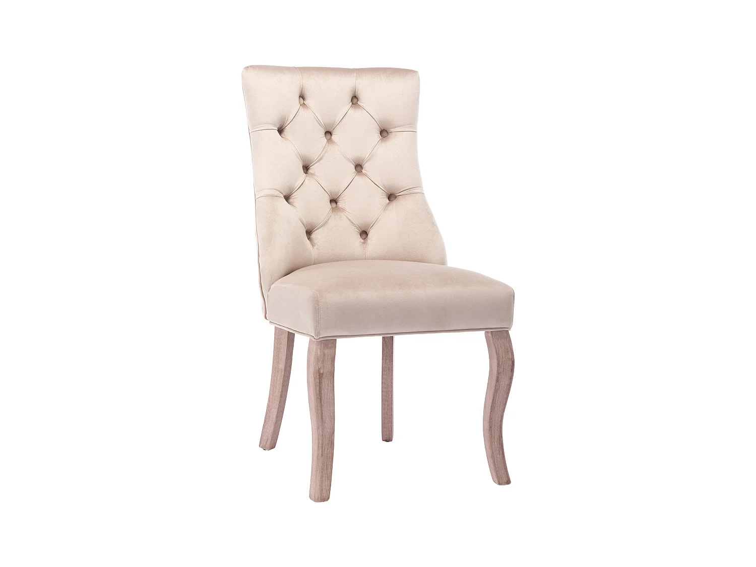 Set van 4 beige fluwelen stoelen met gebogen houten poten en decoratieve knopen