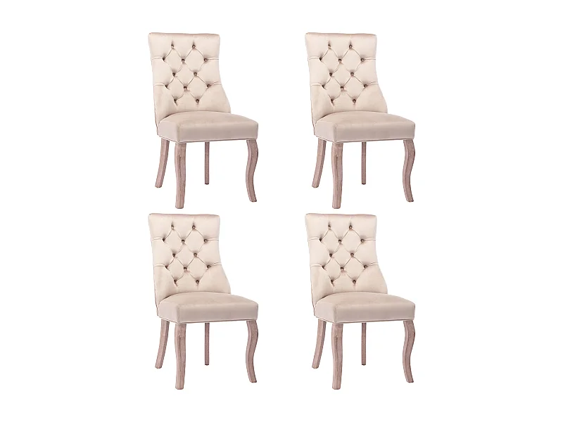 Lot de 4 chaises en velours beige avec pieds en bois courbés, boutons décoratifs