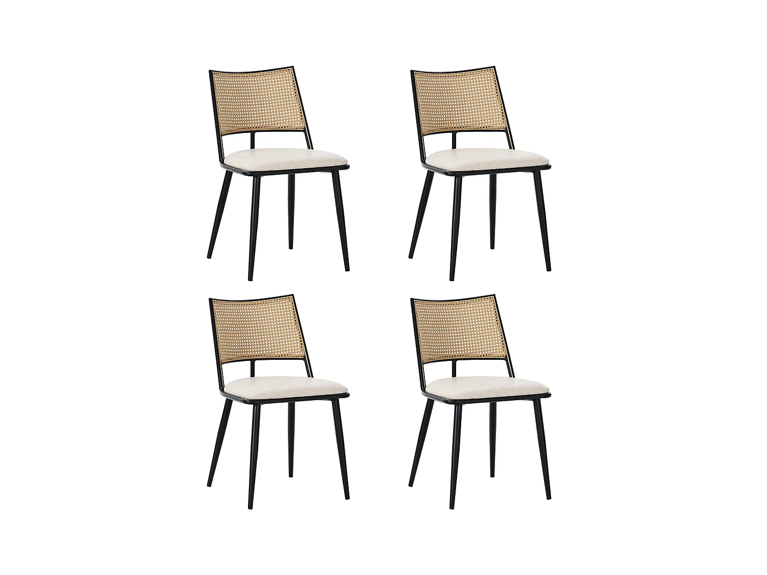 Lot de 4 chaises en rotin et Assise rembourrée en PU, noir