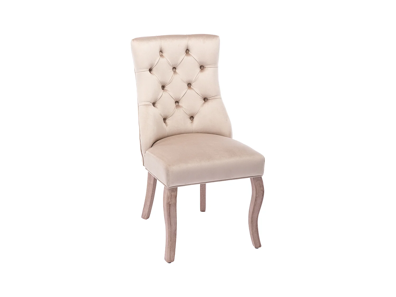 Set van 6 beige fluwelen stoelen met gebogen houten poten en decoratieve knopen