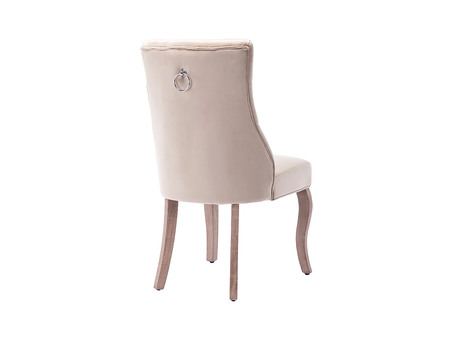 Set van 6 beige fluwelen stoelen met gebogen houten poten en decoratieve knopen