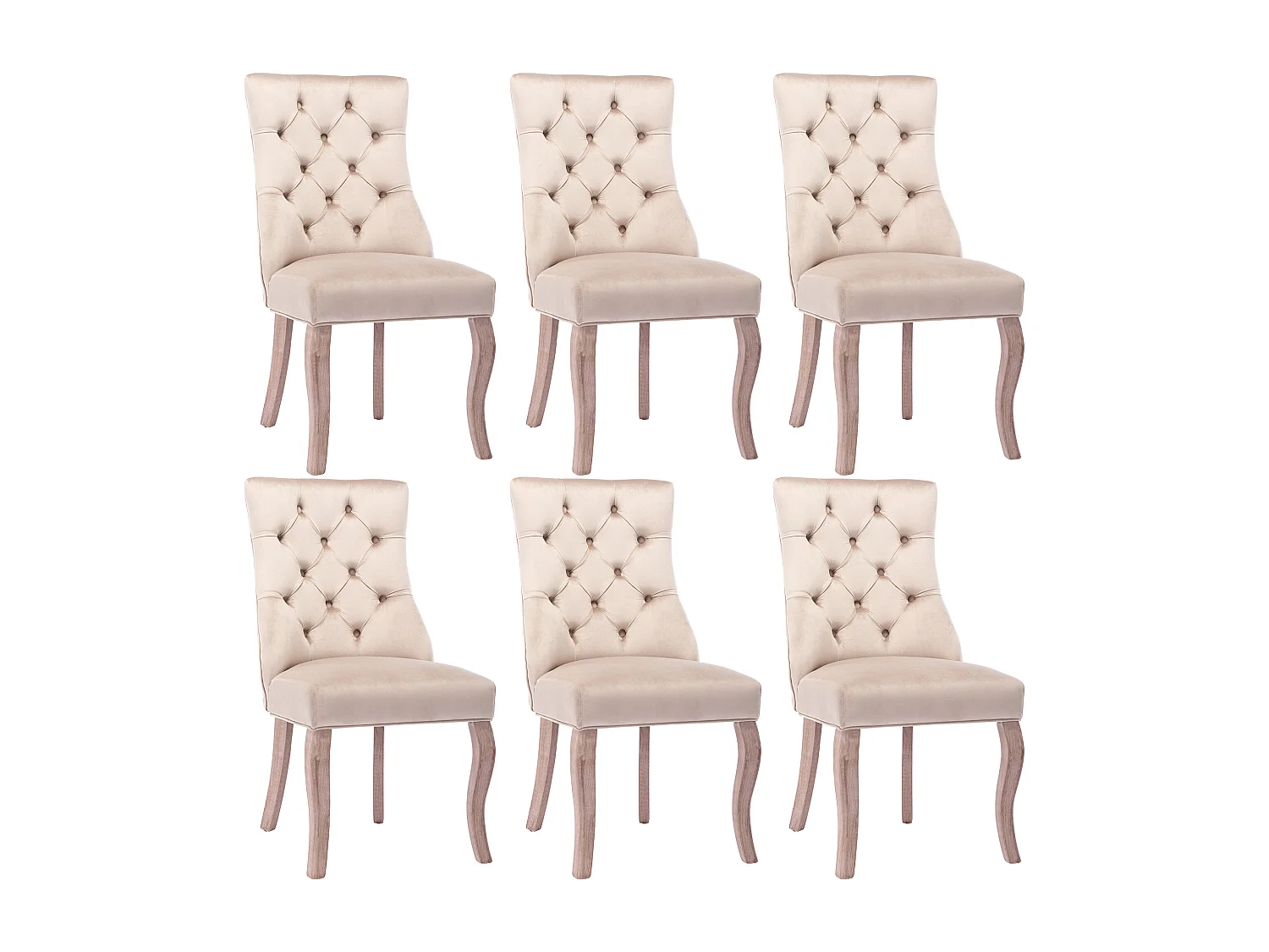 Set di 6 sedie in velluto beige con gambe in legno curvato e bottoni decorativi