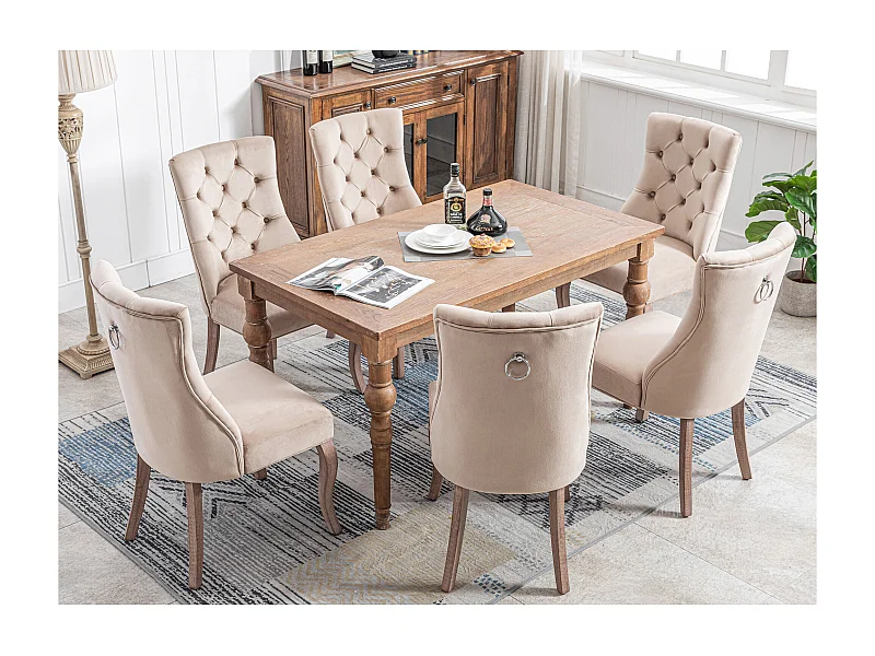 Set di 6 sedie in velluto beige con gambe in legno curvato e bottoni decorativi