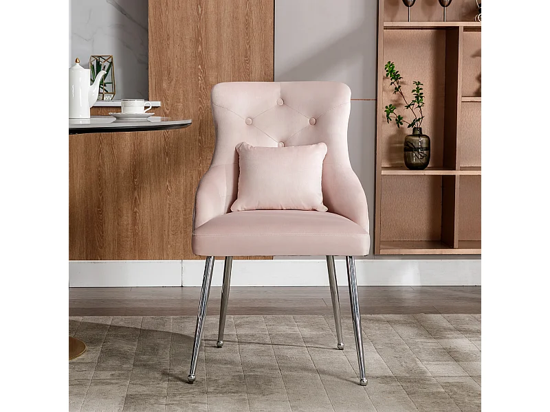 1 chaise à boutons rose avec coussin lombaire et pieds en métal,velours
