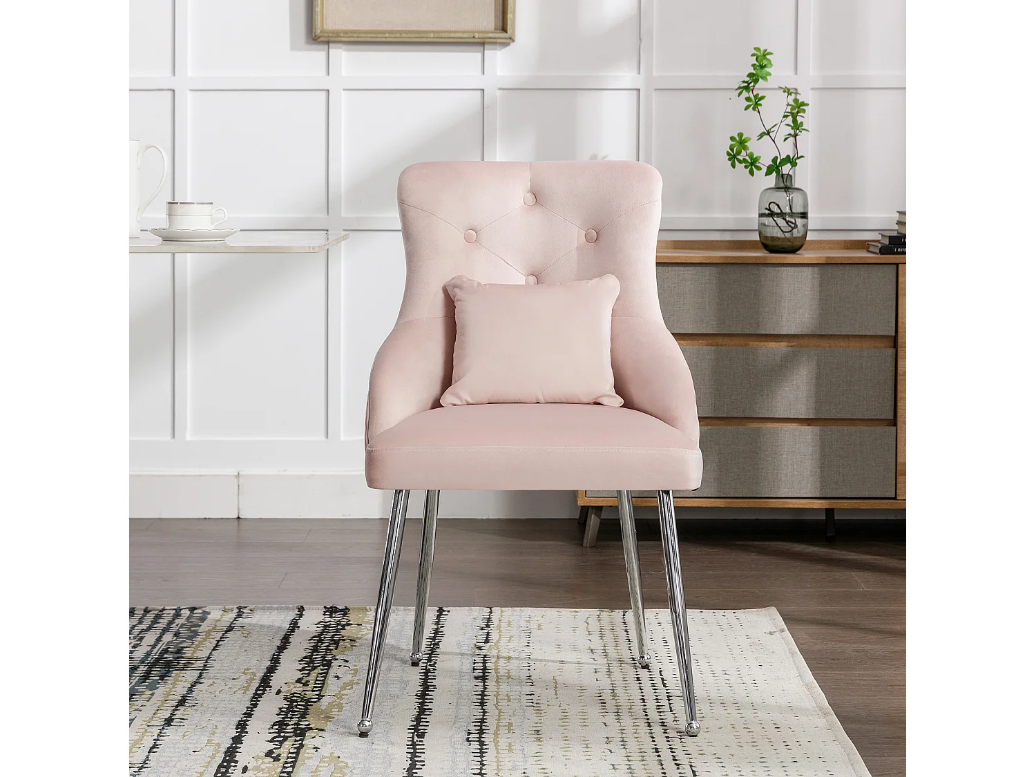 1 silla con botones rosas con cojín lumbar y patas de metal,terciopelo