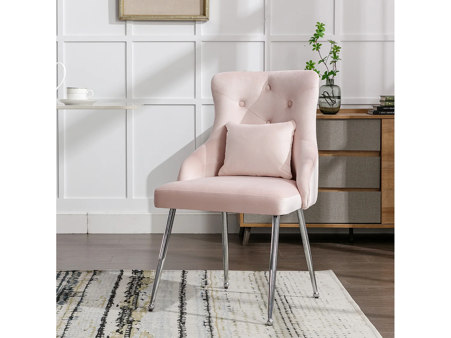 1 chaise à boutons rose avec coussin lombaire et pieds en métal,velours