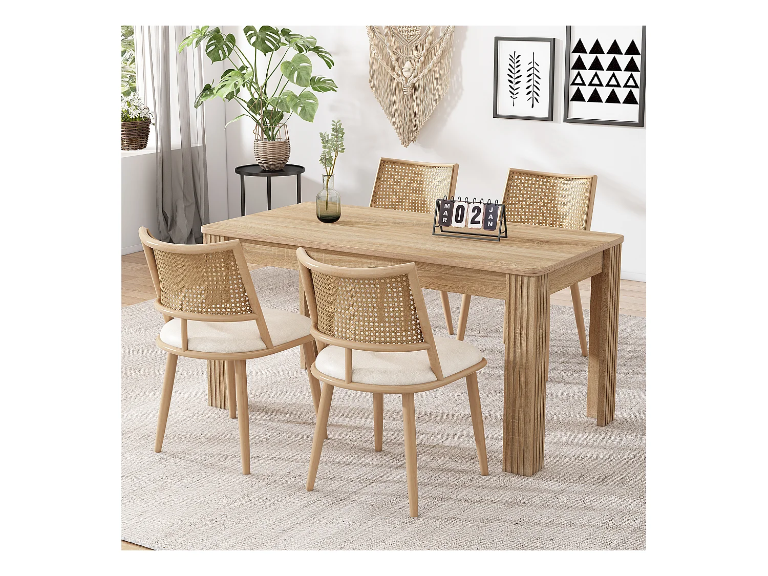 Conjunto de 4 cadeirões em vime com assento almofadado em PU, bege